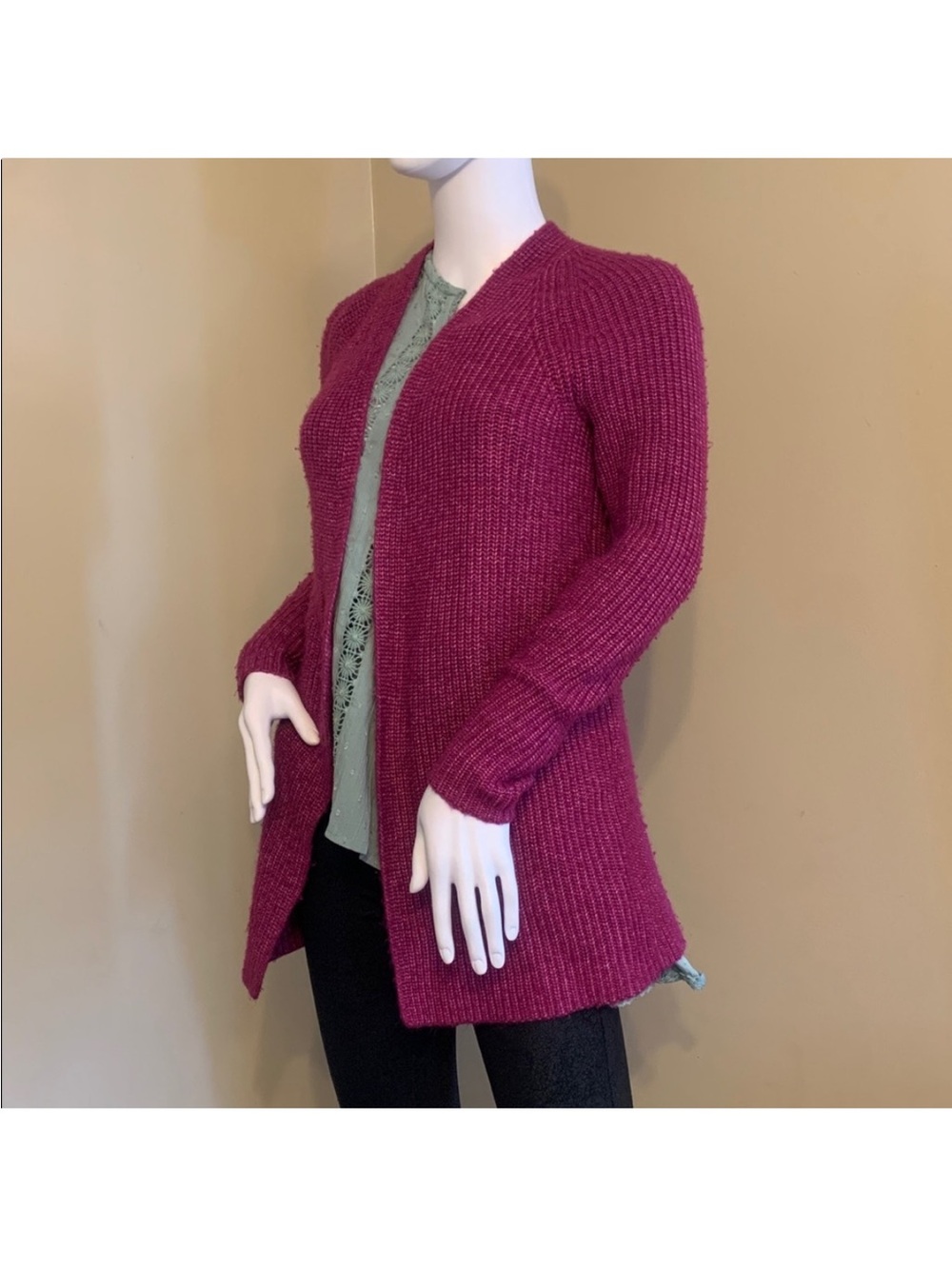 LOFT Raspberry Open-Front Ribbed Knit Cardigan